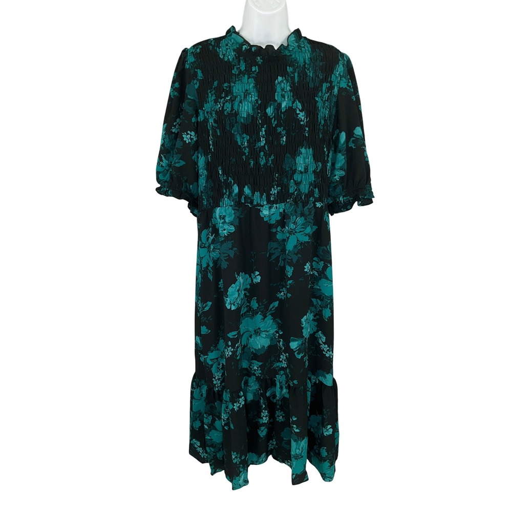 Maggy‎ London Black Teal Floral Midi Dress Ruffle Mock Neck Puff Sleeve Sz 14